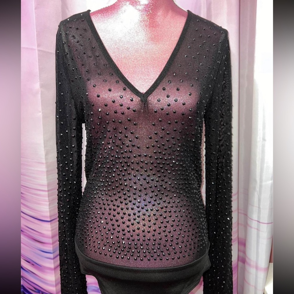 black mesh rhinestone long sleeve bodysuit